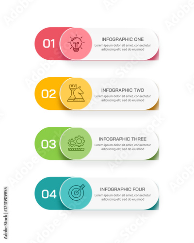 Vertical 4 Steps Infographic Design With Glassmorphism Template. Business Strategy and Goal Planning Presentation. Vector illustration.