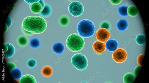 Microscopic View of Colorful Living Cells Moving in Fluid
