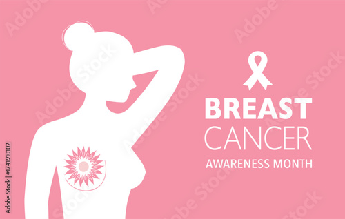 Woman’s upper body with pink ribbon for breast cancer awareness on soft pink background.