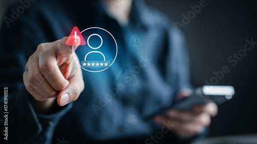 Schilderij op canvas Person touching virtual login security alert icon, concept of suspicious activity, account protection, session monitoring, suspicious login review, and online data privacy