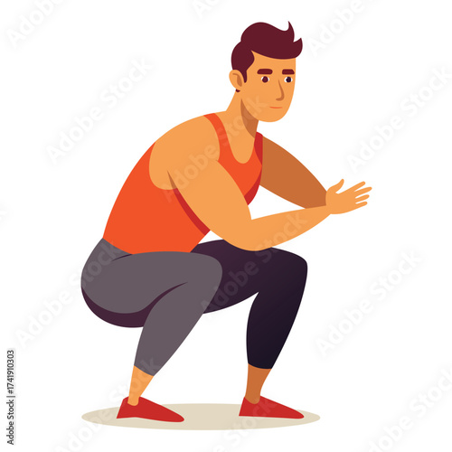 Strong guy holding a squat exercise position, demonstrating lower body strength, fitness, and muscle training.