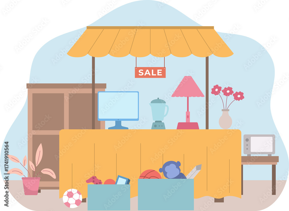 Obraz premium Garage Sale Setup with Display Table and Assorted Items on Transparent Background