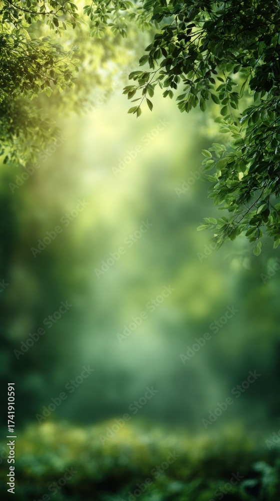 Fototapeta premium Blurred lush green forest with sunlight rays shining through trees, soft natural haze, cool refreshing atmosphere, dreamy bokeh blur, minimal clean composition with wide blank copy space for text.