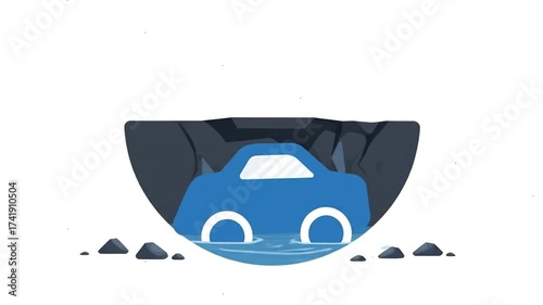 Car on cracked ground from earthquake animation icon.