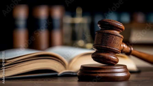 Wooden gavel and open law book on a courtroom desk with legal literature in the background