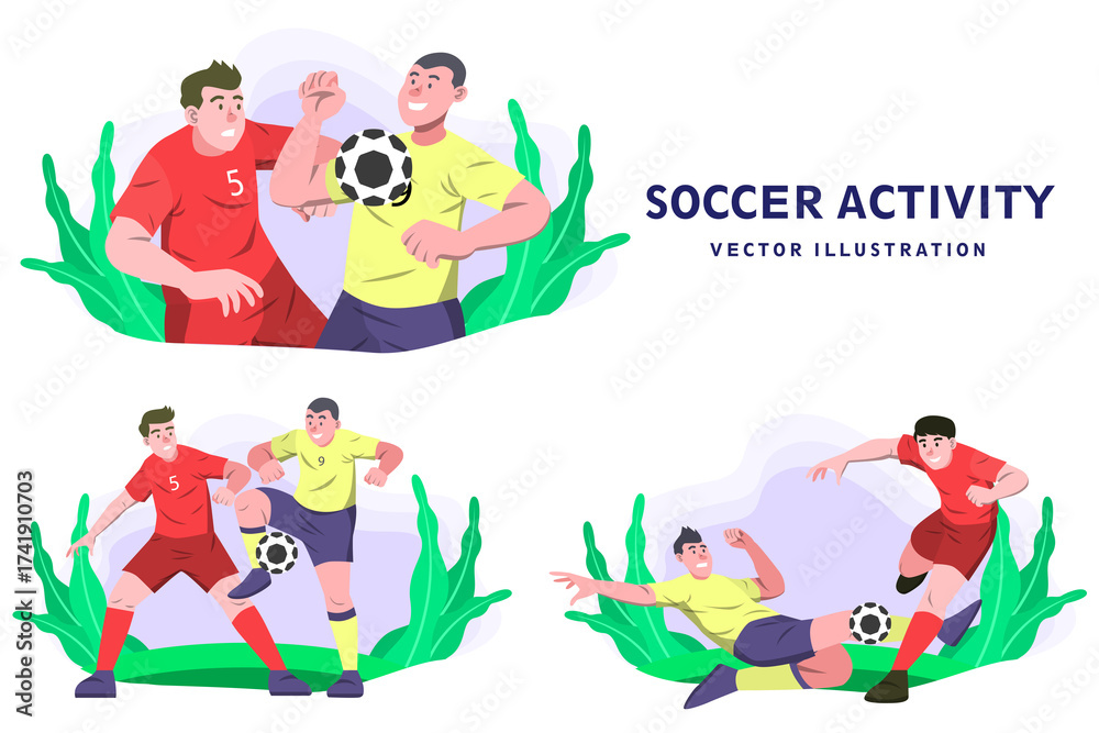 Fototapeta premium Soccer Players Competing for Ball with Greenery and Neutral Background in Digital Illustration Style Cartoon Style