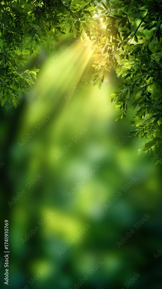 Fototapeta premium Blurred lush green forest with sunlight rays shining through trees, soft natural haze, cool refreshing atmosphere, dreamy bokeh blur, minimal clean composition with wide blank copy space for text.
