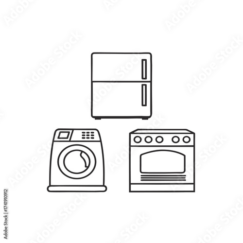 Simple line art icons of kitchen and laundry appliances