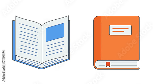 Two distinct book icons one open with pages and a blue highlighted section the other a closed orange book representing knowledge education and literature isolated on white background