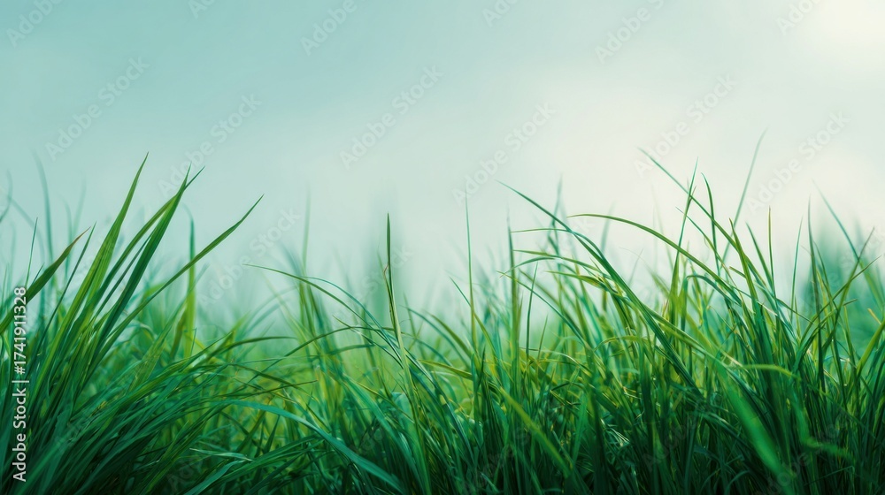 Obraz premium Blurred lush green grass field with cool daylight tone, fresh and clean atmosphere, soft blue-green color grading, dreamy blur effect, minimal composition with wide blank copy space for text.