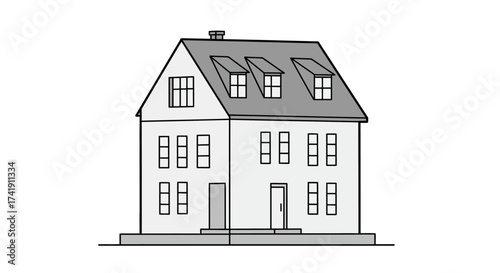 Architectural facade drawing of a traditional two-story house with dormer windows and detailed exterior elements architectural facade drawing isolated on white background