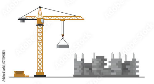 Tower crane lifting construction materials for building skeletal structure in progress development urban site isolated on white background