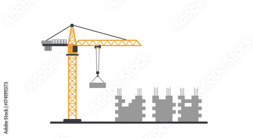 Construction crane actively lifting building materials above a row of unfinished architectural structures symbolizing progress and development projects isolated on white background