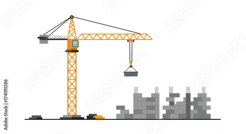 Yellow construction crane at building site with partial concrete structures creating a modern city skyline concept image isolated on white background