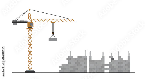 Tower crane lifting concrete building materials at active construction site with skeletal building structures in background industrial development isolated on white background