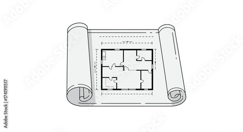Architectural blueprint rolled scroll detailed floor plan drawing sketch house design project construction planning engineering document isolated on white background