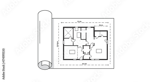 Architectural blueprint unrolled showing floor plan design project development construction engineering building plans isolated on white background
