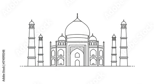 Detailed architectural line drawing of the majestic taj mahal monument in agra india symbolizing love and history isolated on white background
