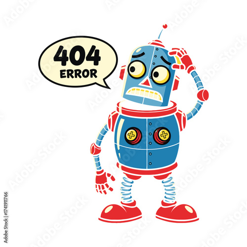 Confused robot with 404 error speech bubble, yellow background
