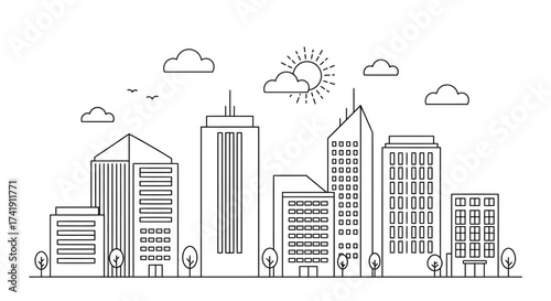 Modern cityscape outline with tall buildings and clouds sky view simple line art architectural drawing urban scene isolated on white background