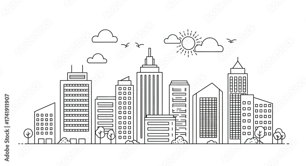 Obraz premium Urban cityscape silhouette line drawing panorama with skyscrapers clouds and sun iconic downtown architecture modern skyline business district isolated on white background