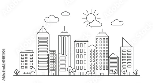 Modern cityscape sketch artistic line art of tall buildings and sun with clouds representing urban development and architecture isolated on white background