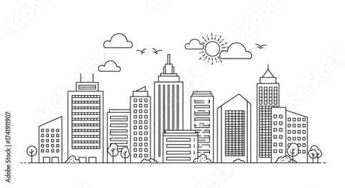 Urban cityscape silhouette line drawing panorama with skyscrapers clouds and sun iconic downtown architecture modern skyline business district isolated on white background