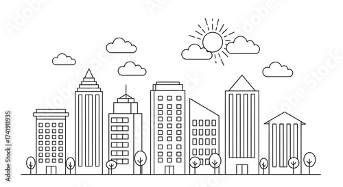 Hand-drawn sketch of a modern city skyline with skyscrapers trees clouds and a bright sun symbolizing growth progress and urban development isolated on white background