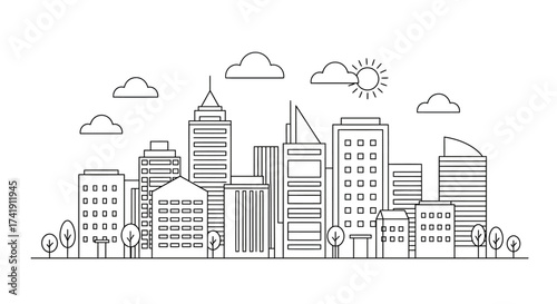 Stylized black and white sketch of a bustling city skyline with tall buildings trees and clouds representing urban development and modern architecture isolated on white background