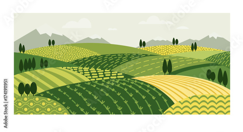 Rolling green agricultural farmland landscape with yellow fields and distant mountains in a stylized textured artistic design isolated on white background