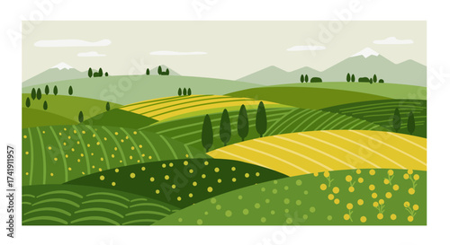 Abstract stylized landscape painting of rolling green hills with yellow fields and scattered trees under a hazy sky isolated on white background