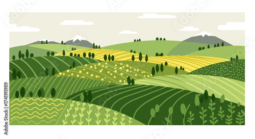 Serene rural landscape with rolling green hills cultivated fields and scattered trees under a pale sky isolated on white background
