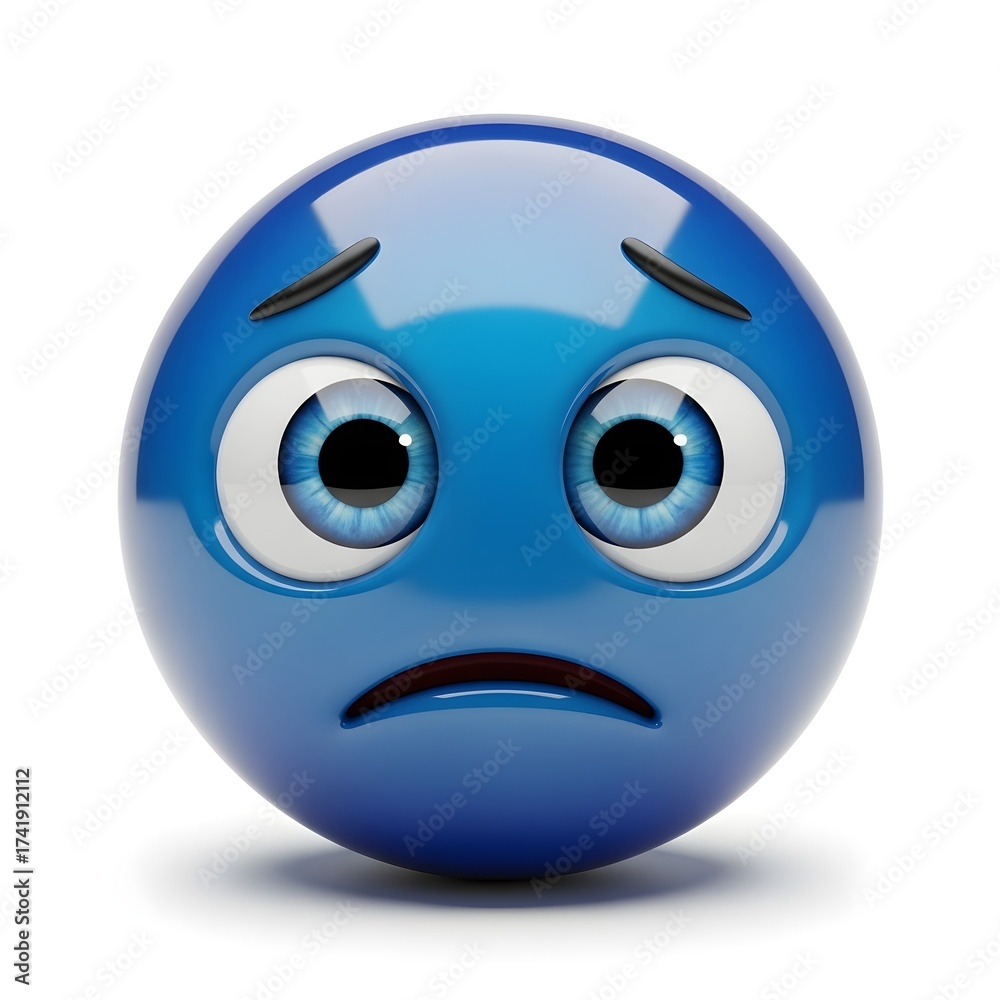 Fototapeta premium Blue smiley face with a sad expression isolated on white background, looking worried
