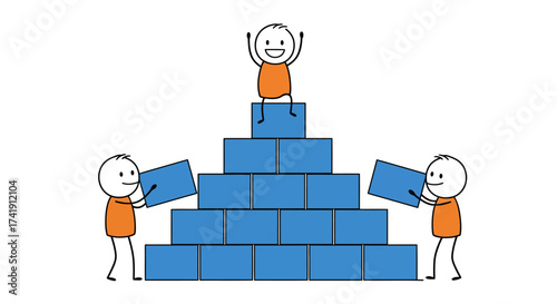 Joyful stick figures collaboratively building a tower achieving success celebrating victory at the summit of achievement together isolated on white background