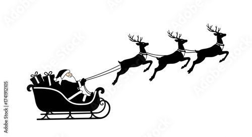 Silhouette of santa claus riding his sleigh pulled by reindeer against a white backdrop during christmas holidays isolated on white background