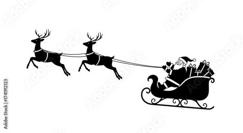 Silhouette of santa claus in sleigh pulled by reindeer flying through night sky festive christmas scene isolated on white background