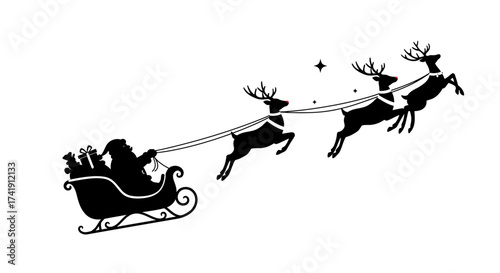 Santa claus silhouette flying sleigh pulled by reindeer festive christmas eve holiday season merry winter celebration transportation isolated on white background