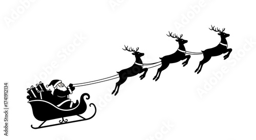Santa claus sleigh with reindeer flying through the night sky on christmas eve delivering presents isolated on white background