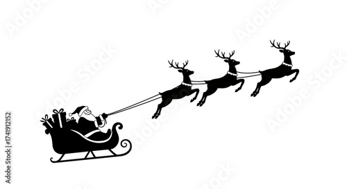 Silhouette of santa claus flying in a sleigh pulled by reindeer across a clear sky conveying holiday cheer and christmas magic isolated on white background