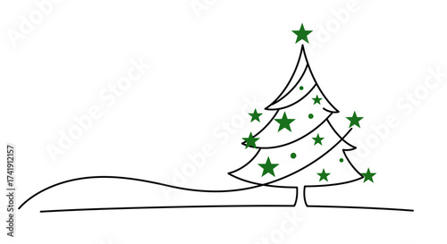 Whimsical single line drawing of a decorated christmas tree on snowy ground with star ornaments and green tree topper festive holiday celebration concept isolated on white background
