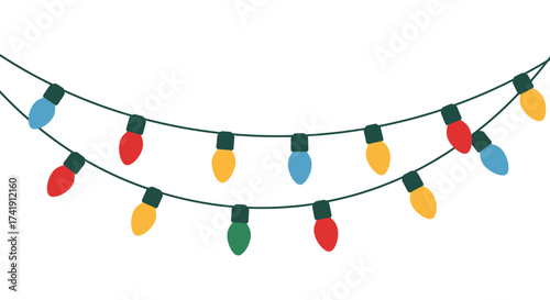 Festive string of colorful christmas lights garland twinkling holiday decorations bright illuminating festive season celebrations isolated on white background