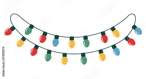Festive string of colorful incandescent christmas lights decoration illuminated with red blue green yellow bulbs isolated on white background