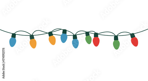 Vibrant string of colorful christmas lights illuminated against a clean celebrating festive holiday illumination isolated on white background