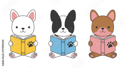 Three adorable cartoon puppies sitting upright holding and reading colorful books each with different breed and fur color enjoying story time isolated on white background