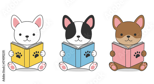 Three adorable cartoon dogs reading books cute french bulldogs and chihuahua pups enjoying literature and learning education theme isolated on white background