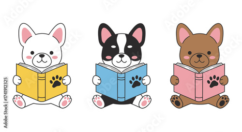 Adorable french bulldog and chihuahua pups delight in reading colorful books learning wisdom and joyful knowledge for a happy lifestyle isolated on white background