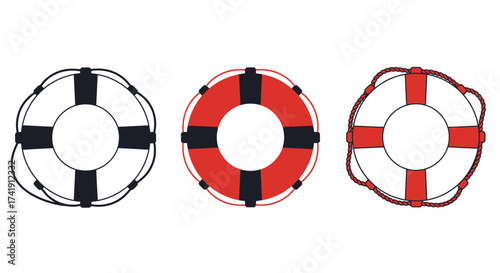 Collection of three lifebuoys with different designs including a black and white option and a red and white option representing safety and rescue isolated on white background