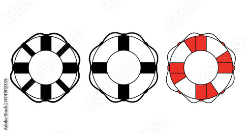 Three different lifebuoys arranged horizontally on a white surface safety equipment for swimming and water rescue nautical objects for maritime and marine safety isolated on white background