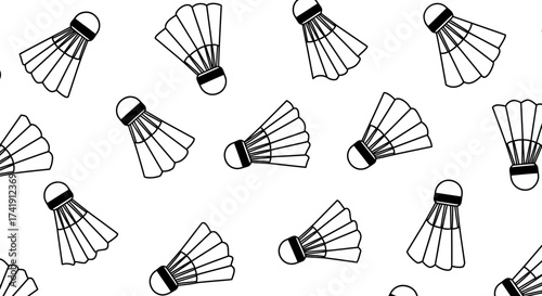 Seamless pattern of hand-drawn badminton shuttlecocks scattered across a white surface ideal for sports graphics and designs isolated on white background