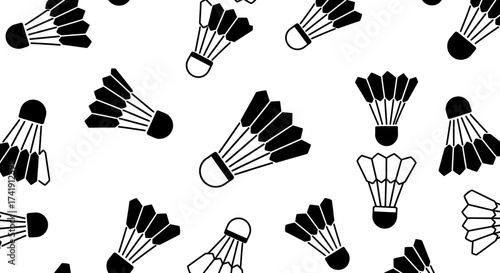 Seamless pattern of badminton shuttlecocks hand drawn style repeating motif dynamic sports theme for backgrounds and graphics isolated on white background